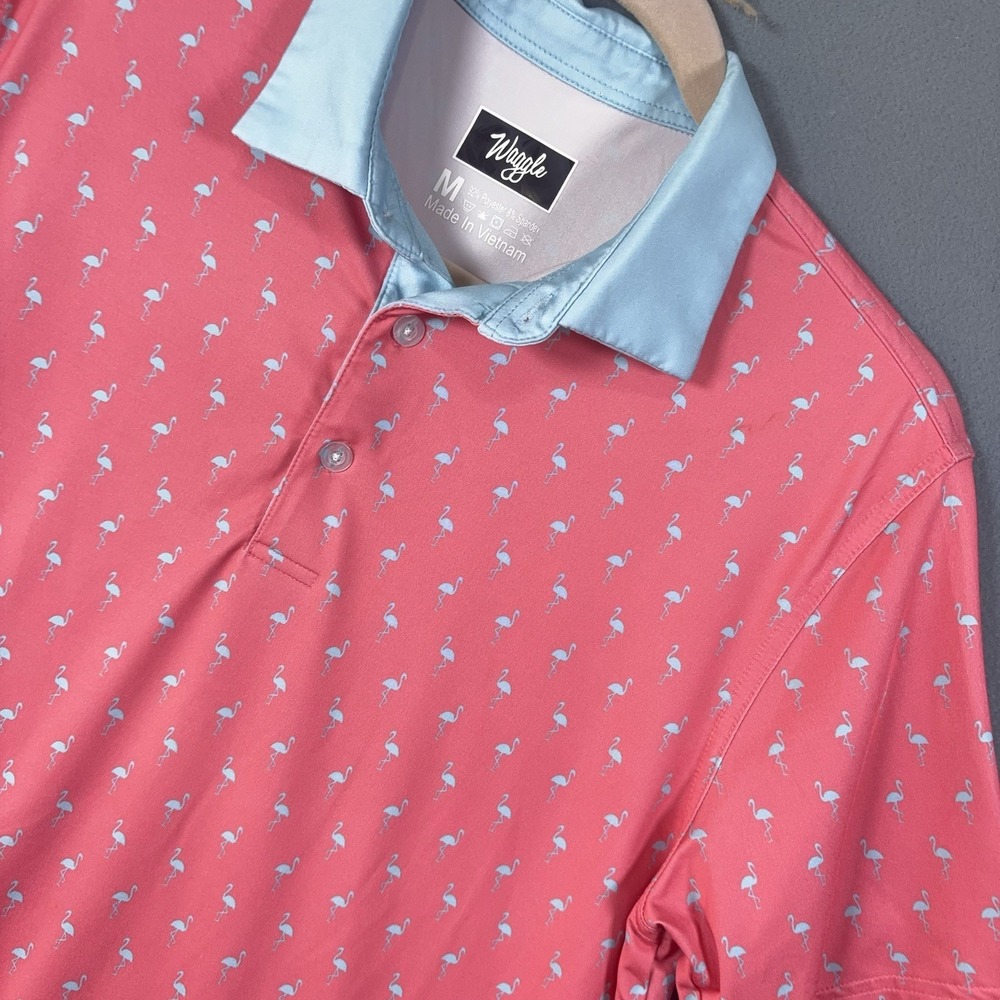 Waggle Polo Shirt Mens Sz M Pink Flamingos Stretch Performance Golf Golfer